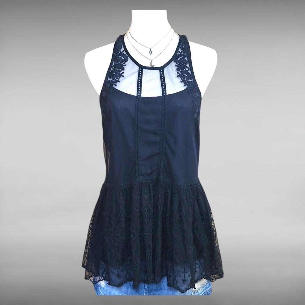 Vintage Y2K Hollister Black Boho Lace Sheer Embroidered Peplum Cami Top Womens S